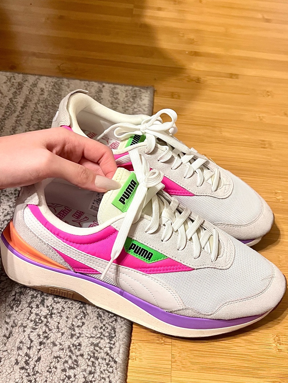 Puma Women's White Sneakers with Pink, Purple & Lime Accents